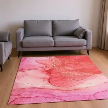 5' X 8' Pink And Ivory Abstract Washable Area Rug With UV Protection