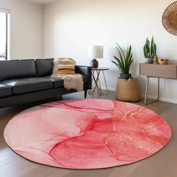 8' Pink And Ivory Abstract Washable Round Rug With UV Protection