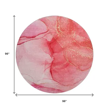 8' Pink And Ivory Abstract Washable Round Rug With UV Protection