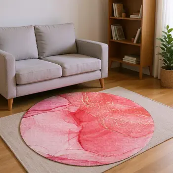8' Pink And Ivory Abstract Washable Round Rug With UV Protection