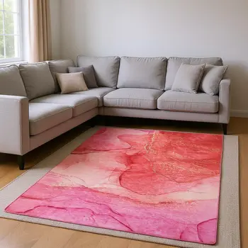 8' X 10' Pink And Ivory Abstract Washable Area Rug With UV Protection