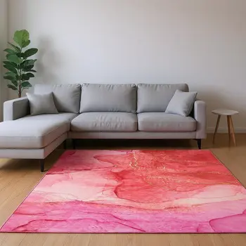 9' X 12' Pink And Ivory Abstract Washable Area Rug With UV Protection