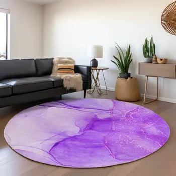 8' Purple And Ivory Abstract Washable Round Rug With UV Protection