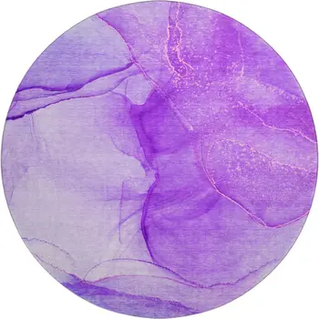 8' Purple And Ivory Abstract Washable Round Rug With UV Protection