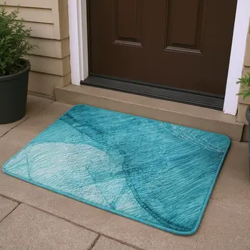 3' X 5' Teal And Ivory Abstract Washable Area Rug With UV Protection