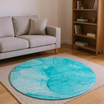 8' Teal And Ivory Abstract Washable Round Rug With UV Protection