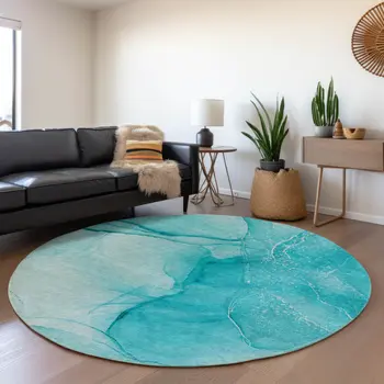 8' Teal And Ivory Abstract Washable Round Rug With UV Protection