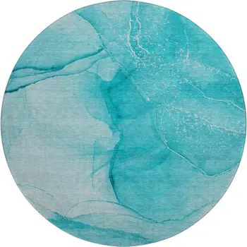 8' Teal And Ivory Abstract Washable Round Rug With UV Protection