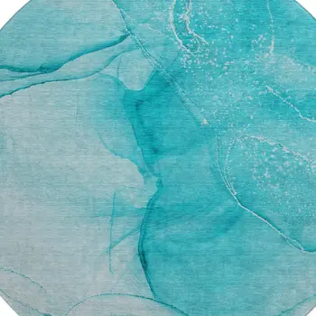 8' Teal And Ivory Abstract Washable Round Rug With UV Protection