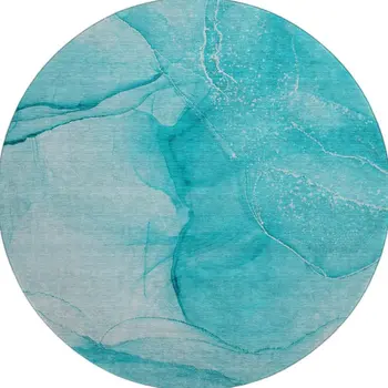 8' Teal And Ivory Abstract Washable Round Rug With UV Protection