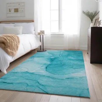 10' X 14' Teal And Ivory Abstract Washable Area Rug With UV Protection