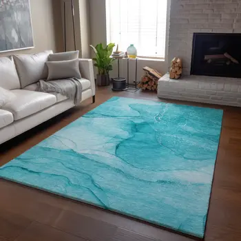 10' X 14' Teal And Ivory Abstract Washable Area Rug With UV Protection