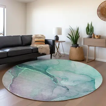 8' Fern Green And Ivory Abstract Washable Round Rug With UV Protection