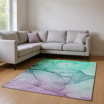 10' X 14' Fern Green And Ivory Abstract Washable Area Rug With UV Protection