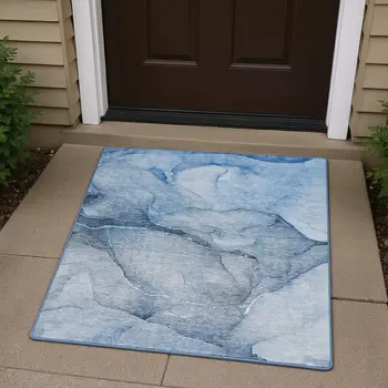 3' X 5' Blue And Ivory Abstract Washable Area Rug With UV Protection