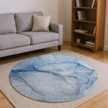 8' Blue And Ivory Abstract Washable Round Rug With UV Protection