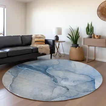 8' Blue And Ivory Abstract Washable Round Rug With UV Protection
