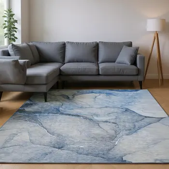 8' X 10' Blue And Ivory Abstract Washable Area Rug With UV Protection