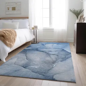 10' X 14' Blue And Ivory Abstract Washable Area Rug With UV Protection