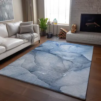 10' X 14' Blue And Ivory Abstract Washable Area Rug With UV Protection