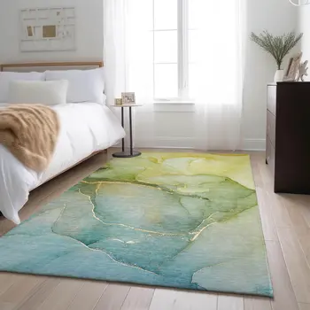 5' X 8' Green And Ivory Abstract Washable Area Rug With UV Protection