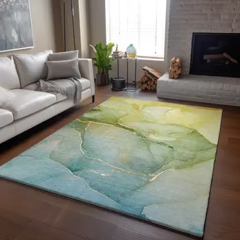 5' X 8' Green And Ivory Abstract Washable Area Rug With UV Protection