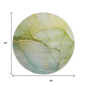 8' Green And Ivory Abstract Washable Round Rug With UV Protection