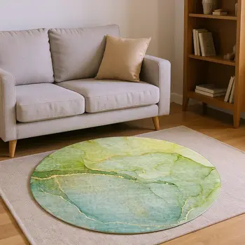 8' Green And Ivory Abstract Washable Round Rug With UV Protection