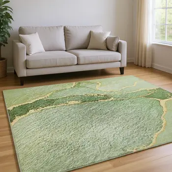 9' X 12' Green And Ivory Abstract Washable Area Rug With UV Protection