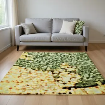 10' X 14' Green And Ivory Abstract Washable Area Rug With UV Protection
