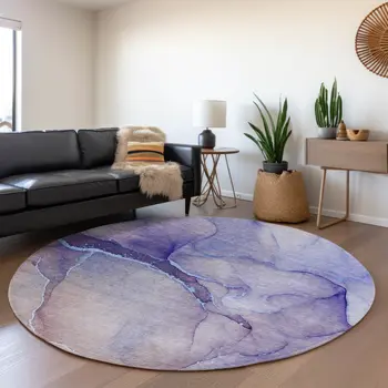 8' Navy Blue And Ivory Abstract Washable Round Rug With UV Protection