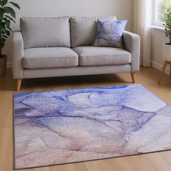 8' X 10' Navy Blue And Ivory Abstract Washable Area Rug With UV Protection