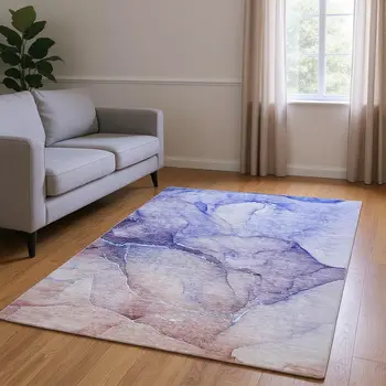 9' X 12' Navy Blue And Ivory Abstract Washable Area Rug With UV Protection