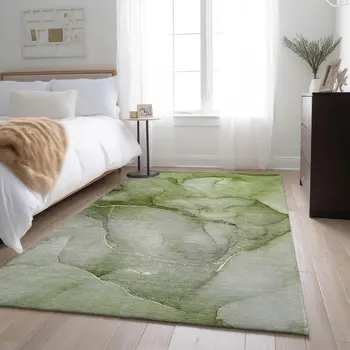 3' X 5' Olive Green And Ivory Abstract Washable Area Rug With UV Protection