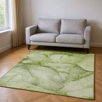 5' X 8' Olive Green And Ivory Abstract Washable Area Rug With UV Protection