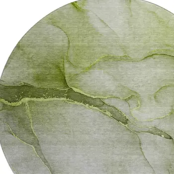 8' Olive Green And Ivory Abstract Washable Round Rug With UV Protection