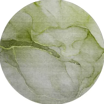 8' Olive Green And Ivory Abstract Washable Round Rug With UV Protection