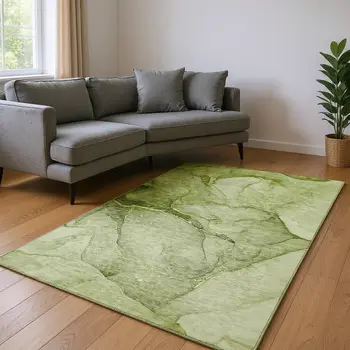 8' X 10' Olive Green And Ivory Abstract Washable Area Rug With UV Protection