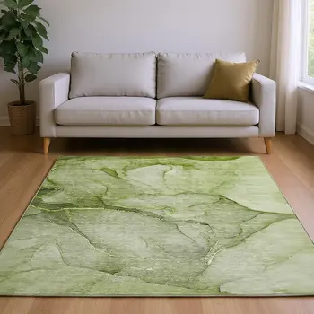 9' X 12' Olive Green And Ivory Abstract Washable Area Rug With UV Protection