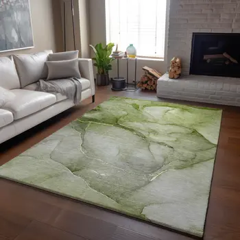 10' X 14' Olive Green And Ivory Abstract Washable Area Rug With UV Protection