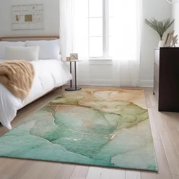 5' X 8' Teal And Ivory Abstract Washable Area Rug With UV Protection