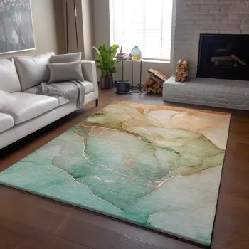 9' X 12' Teal And Ivory Abstract Washable Area Rug With UV Protection