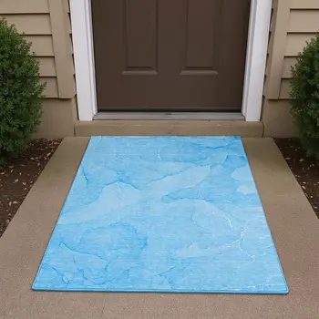 3' X 5' Blue And Ivory Abstract Washable Area Rug With UV Protection