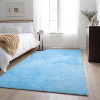 3' X 5' Blue And Ivory Abstract Washable Area Rug With UV Protection
