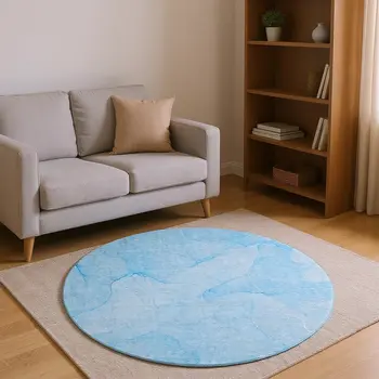 8' Blue And Ivory Abstract Washable Round Rug With UV Protection