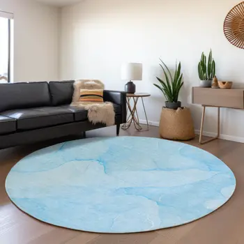 8' Blue And Ivory Abstract Washable Round Rug With UV Protection