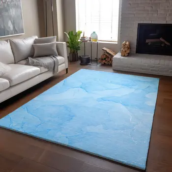 8' X 10' Blue And Ivory Abstract Washable Area Rug With UV Protection