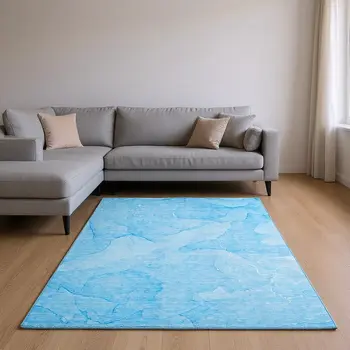 9' X 12' Blue And Ivory Abstract Washable Area Rug With UV Protection