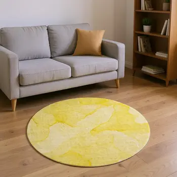 8' Gold And Ivory Abstract Washable Round Rug With UV Protection