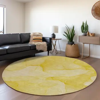 8' Gold And Ivory Abstract Washable Round Rug With UV Protection